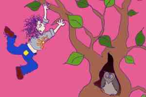 Cartoon of Willow climbing a tree